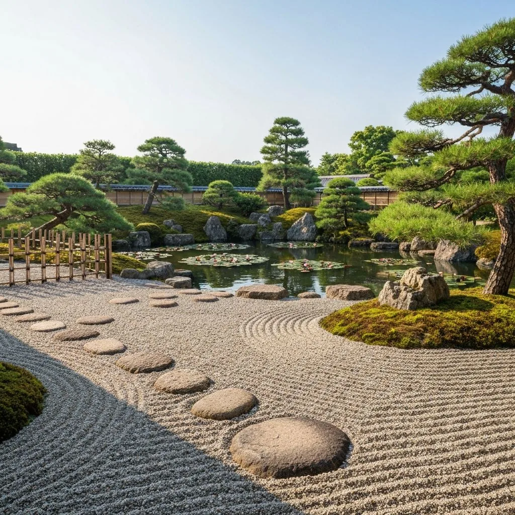 Raked gravel Zen garden with stones and pine tree